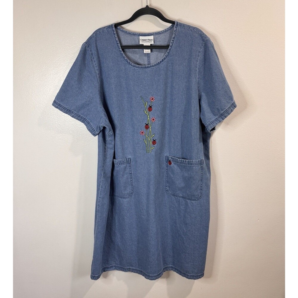 Country Store Shirt Dress 2X Denim Chambray Ladybug Floral Embroidered Pockets